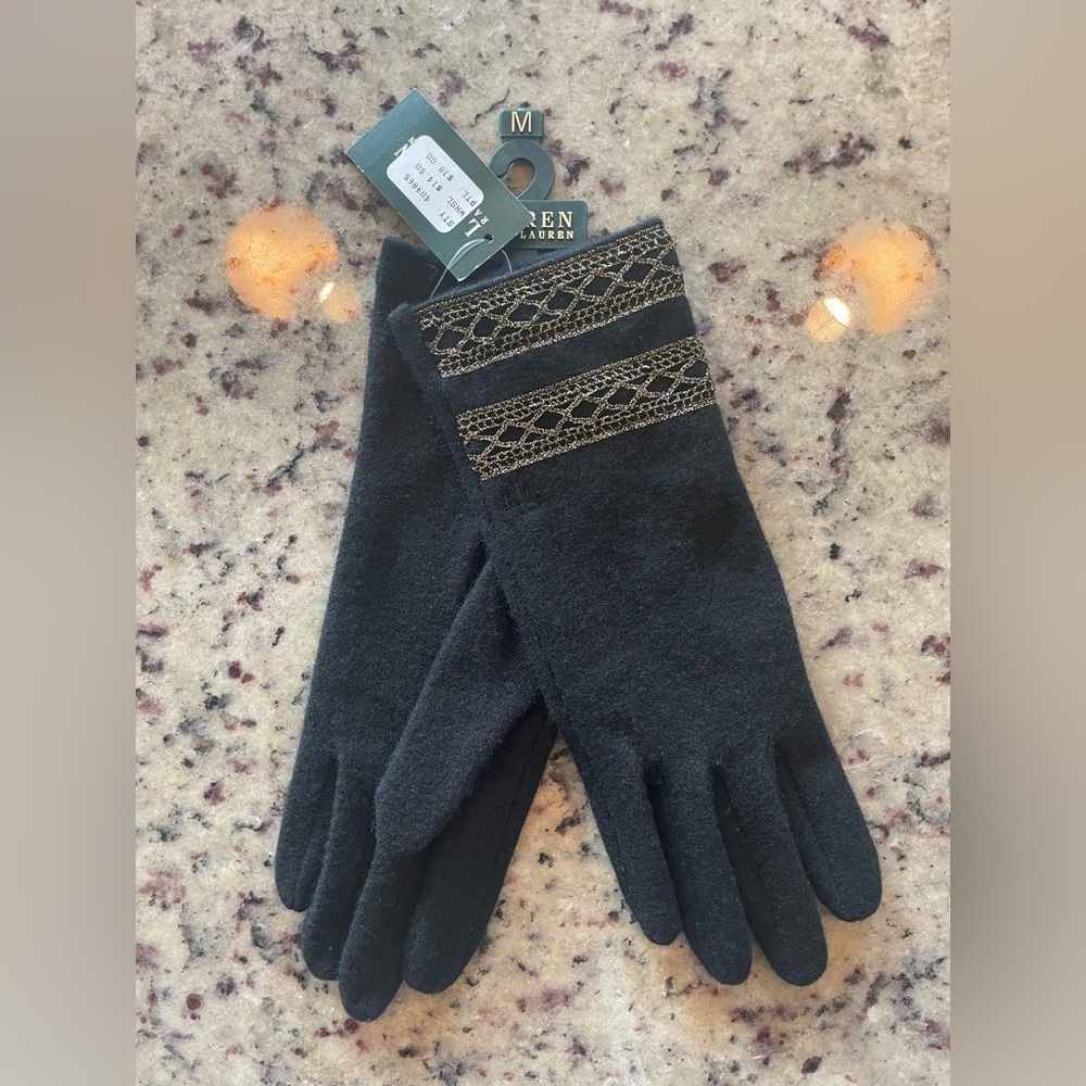 NWT Ralph Lauren Black soft wool Gloves with gold embroidered cuff size M